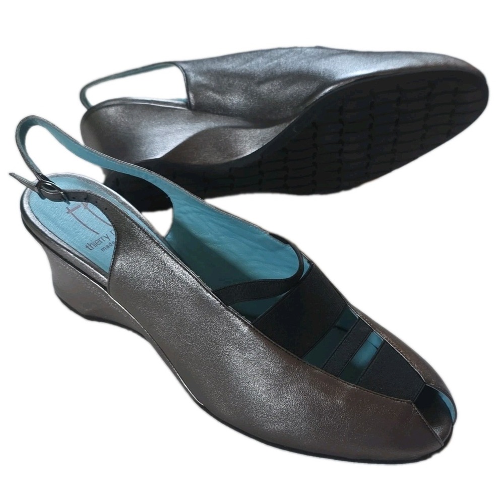 Thierry Rabotin Cali Pewter Metallic Wedge Sandals NWOB Size 41 US 10.5